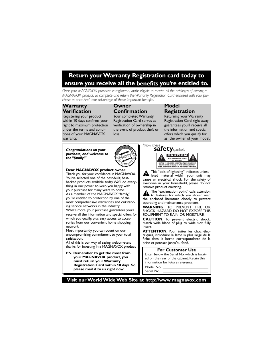Safety, Warranty verification, Owner confirmation | Model registration, Hurry | Philips Magnavox 27MS4504 User Manual | Page 2 / 36