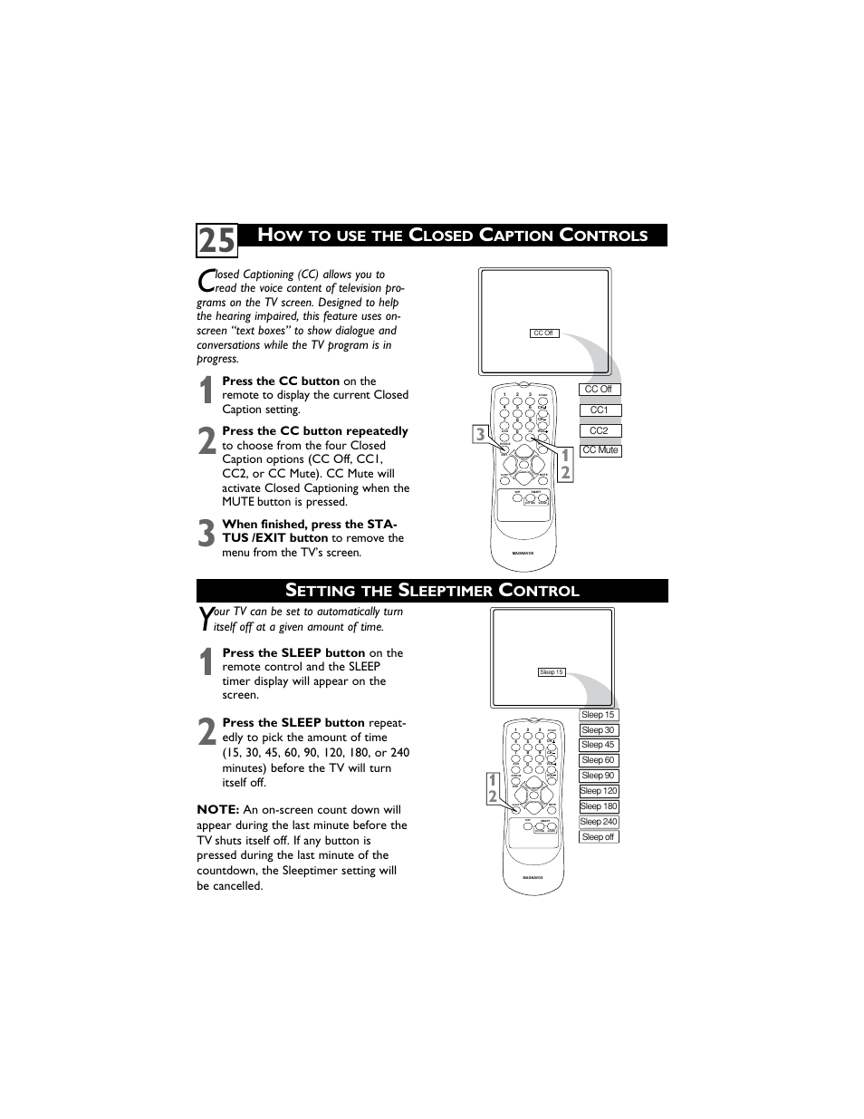 Etting the, Leeptimer, Ontrol | Ow to use the, Losed, Aption, Ontrols | Philips Magnavox 27MS4504 User Manual | Page 29 / 36