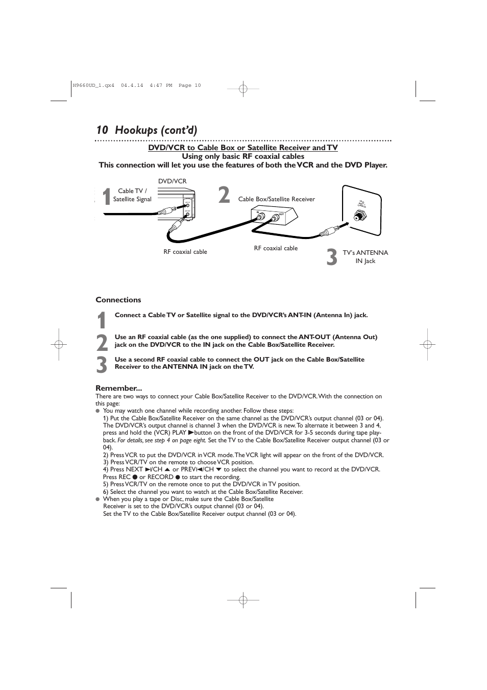 10 hookups (cont’d), Connections, Remember | Philips Magnavox MDV540VR/17 User Manual | Page 10 / 80