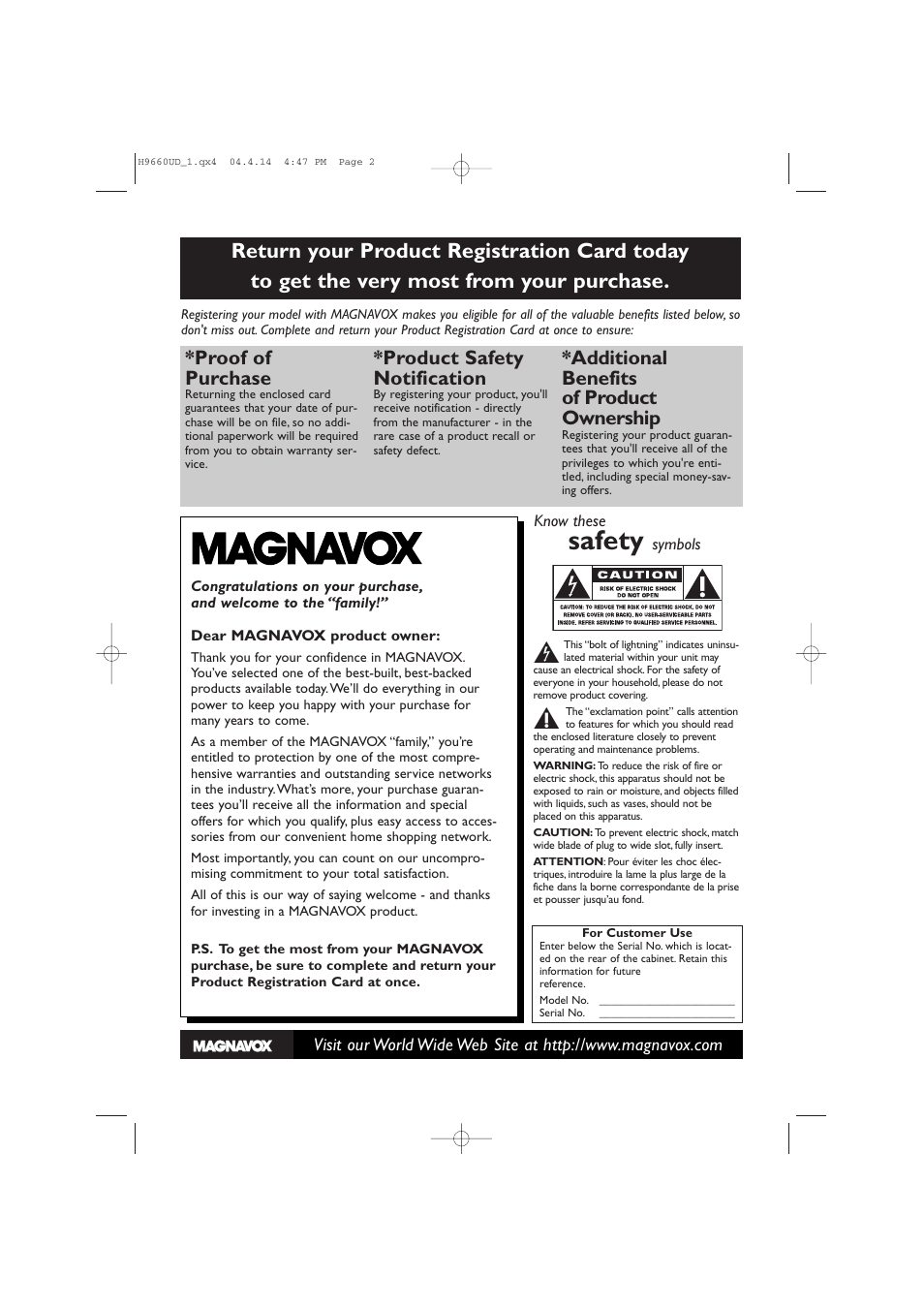 Safety, Proof of purchase, Product safety notification | Additional benefits of product ownership | Philips Magnavox MDV540VR/17 User Manual | Page 2 / 80