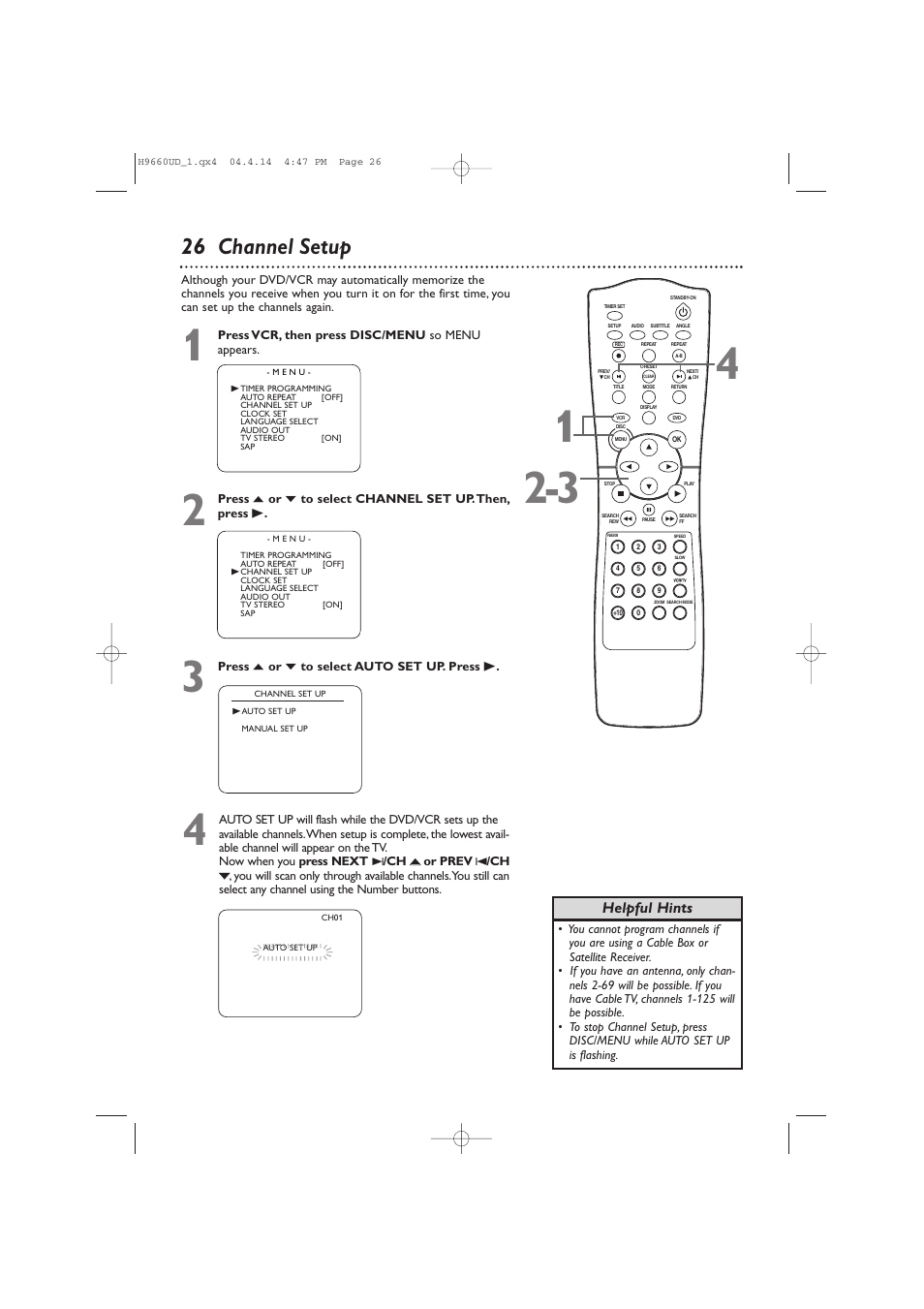 26 channel setup, Helpful hints | Philips Magnavox MDV540VR/17 User Manual | Page 26 / 80