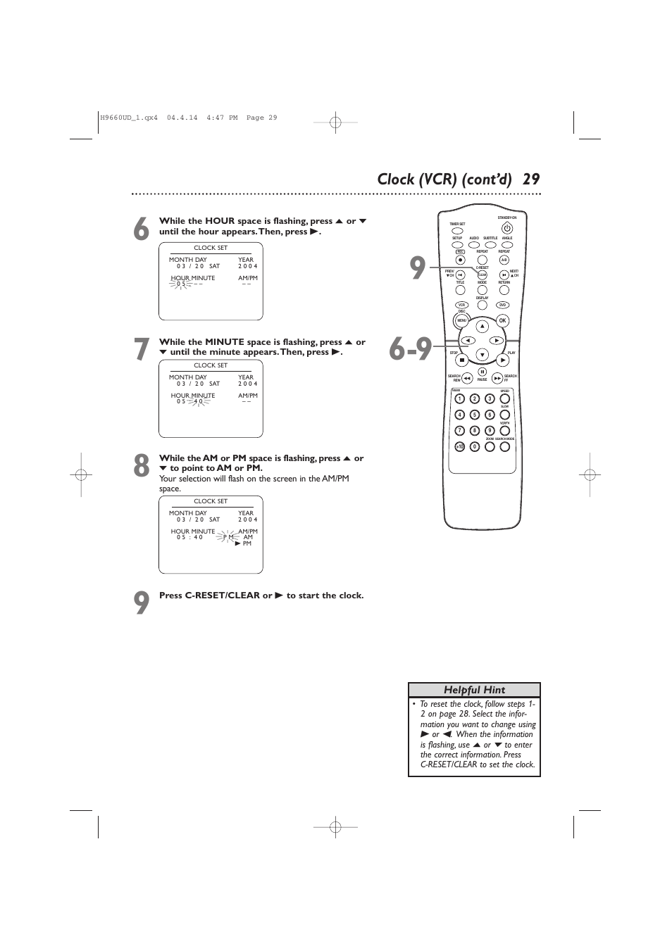 Clock (vcr) (cont’d) 29, Helpful hint | Philips Magnavox MDV540VR/17 User Manual | Page 29 / 80