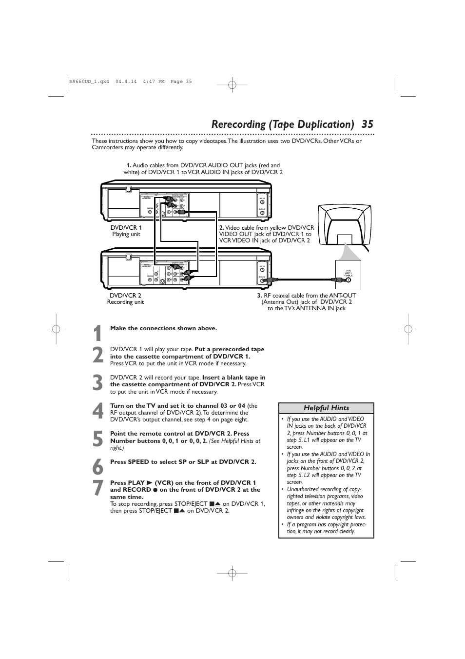 Rerecording (tape duplication) 35, Helpful hints | Philips Magnavox MDV540VR/17 User Manual | Page 35 / 80