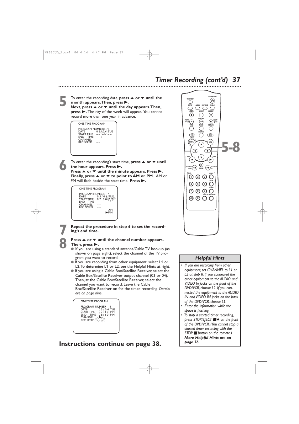 Timer recording (cont’d) 37, Instructions continue on page 38, Helpful hints | Philips Magnavox MDV540VR/17 User Manual | Page 37 / 80