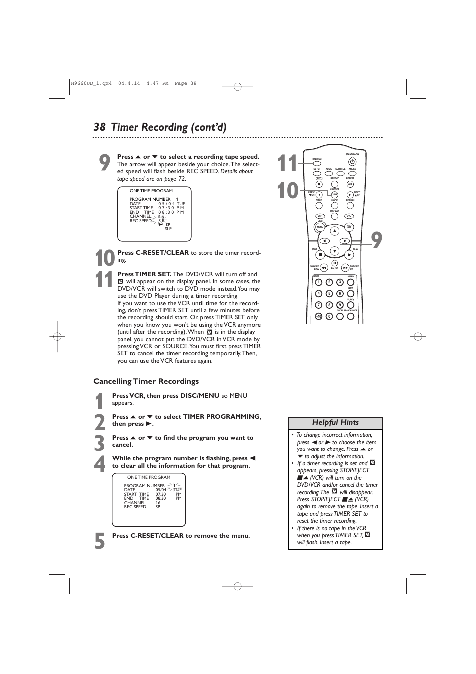 38 timer recording (cont’d) | Philips Magnavox MDV540VR/17 User Manual | Page 38 / 80