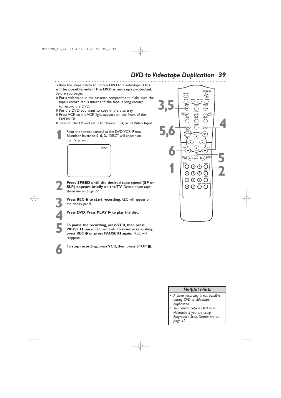 Dvd to videotape duplication 39 | Philips Magnavox MDV540VR/17 User Manual | Page 39 / 80