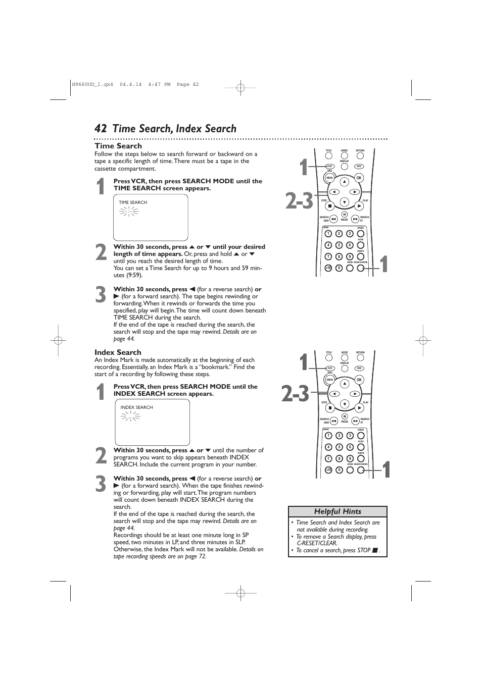 42 42 time search, index search | Philips Magnavox MDV540VR/17 User Manual | Page 42 / 80