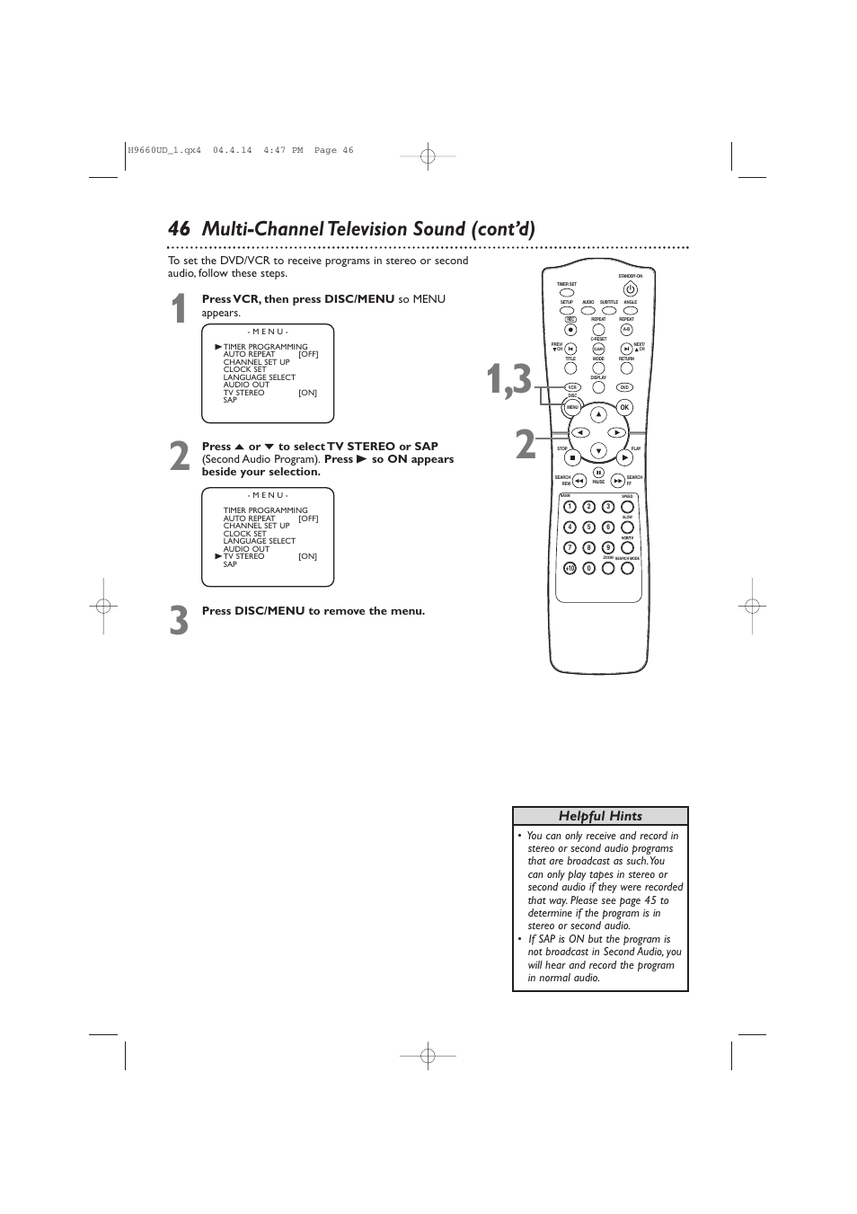 46 46 multi-channel television sound (cont’d), Helpful hints | Philips Magnavox MDV540VR/17 User Manual | Page 46 / 80