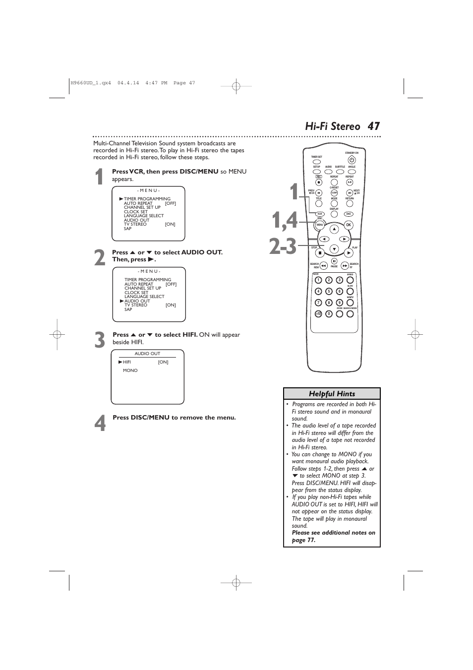 47 hi-fi stereo 47, Helpful hints | Philips Magnavox MDV540VR/17 User Manual | Page 47 / 80