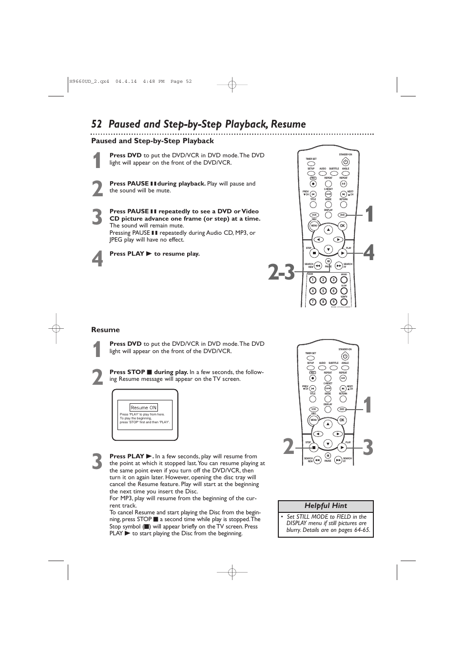 52 paused and step-by-step playback, resume | Philips Magnavox MDV540VR/17 User Manual | Page 52 / 80