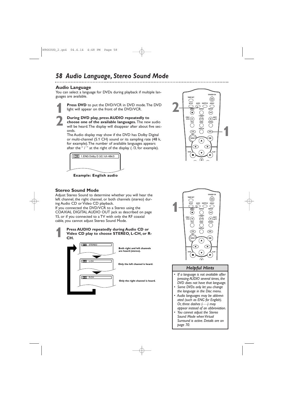 58 audio language, stereo sound mode, Audio language, Helpful hints stereo sound mode | Philips Magnavox MDV540VR/17 User Manual | Page 58 / 80