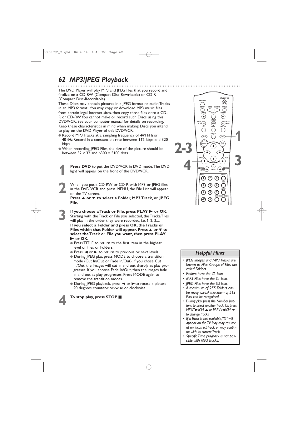 62 mp3/jpeg playback | Philips Magnavox MDV540VR/17 User Manual | Page 62 / 80