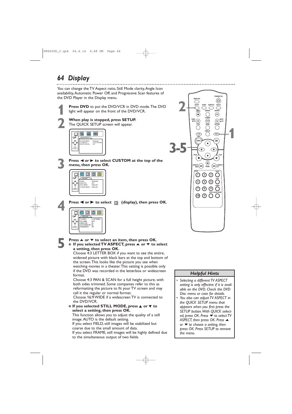 64 display, Helpful hints | Philips Magnavox MDV540VR/17 User Manual | Page 64 / 80