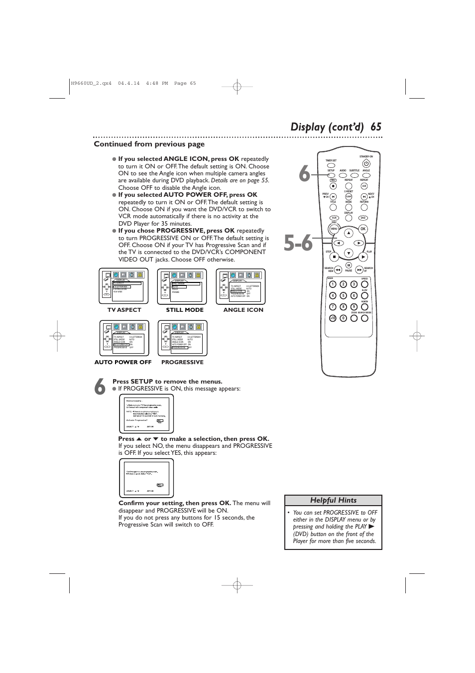 Display (cont’d) 65, Continued from previous page, Helpful hints | Press setup to remove the menus | Philips Magnavox MDV540VR/17 User Manual | Page 65 / 80