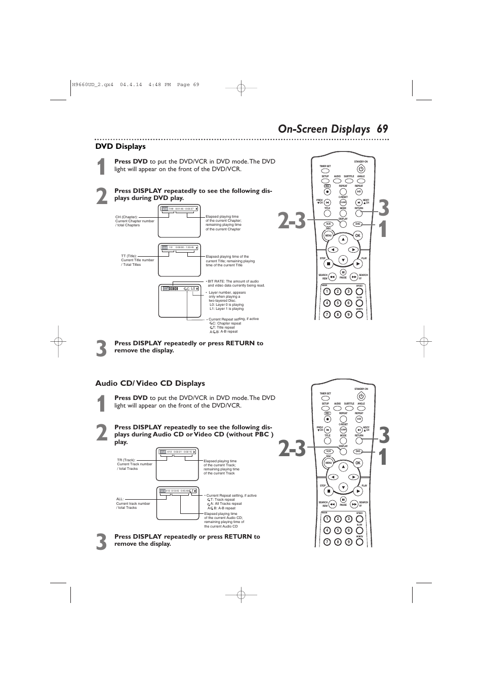 On-screen displays 69, Audio cd/ video cd displays, Dvd displays | Philips Magnavox MDV540VR/17 User Manual | Page 69 / 80