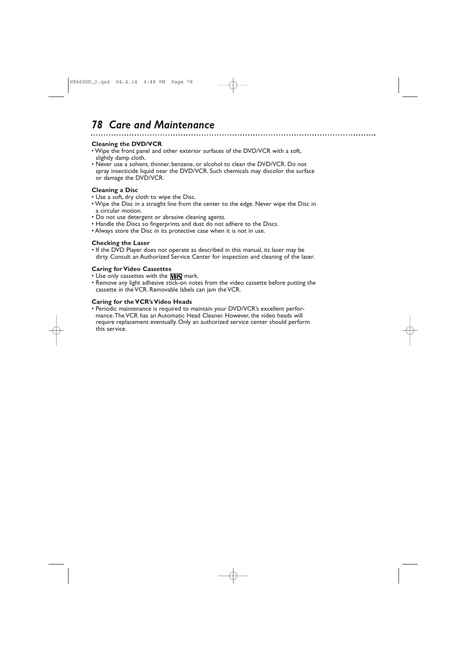 78 care and maintenance | Philips Magnavox MDV540VR/17 User Manual | Page 78 / 80