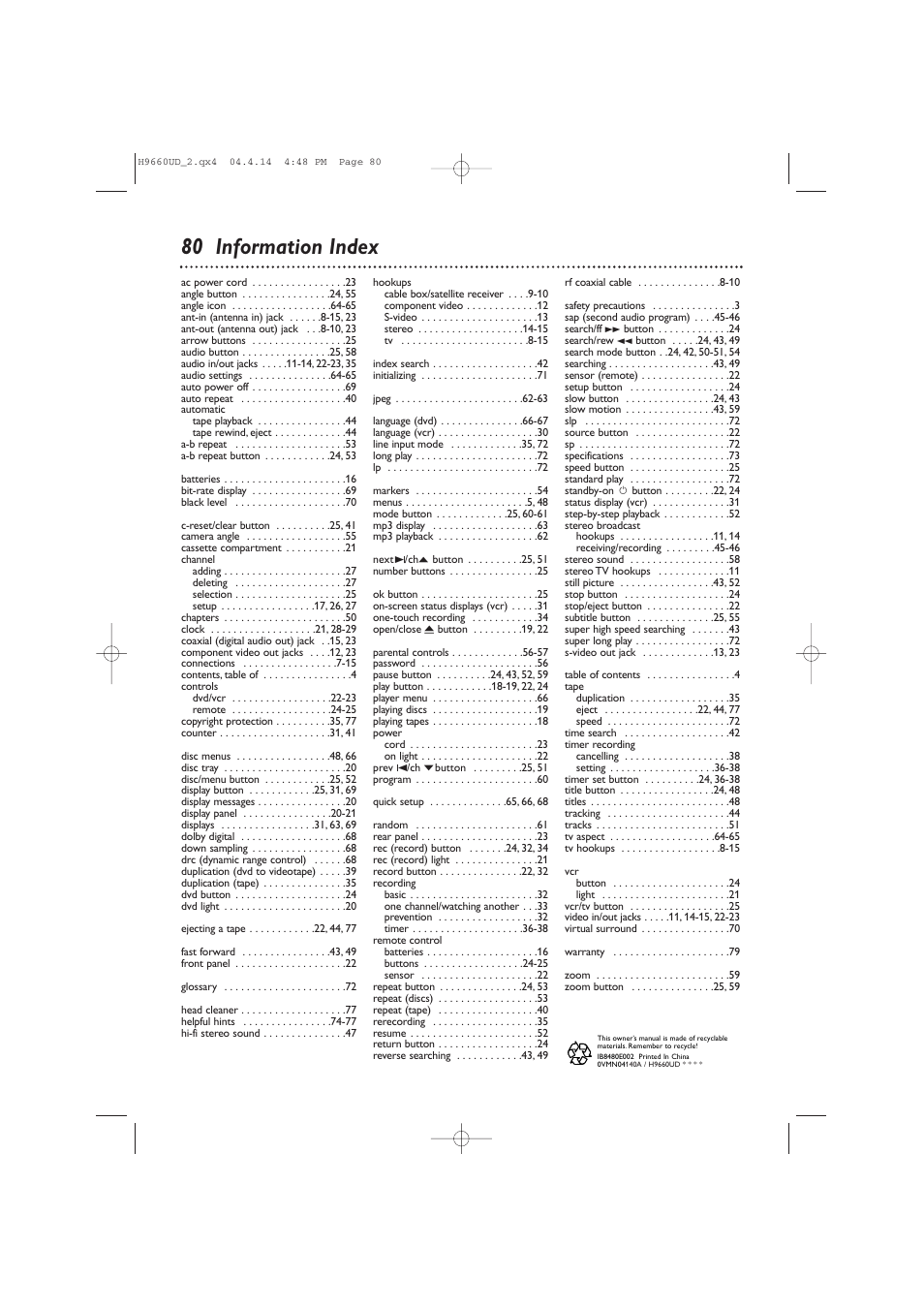 80 information index | Philips Magnavox MDV540VR/17 User Manual | Page 80 / 80