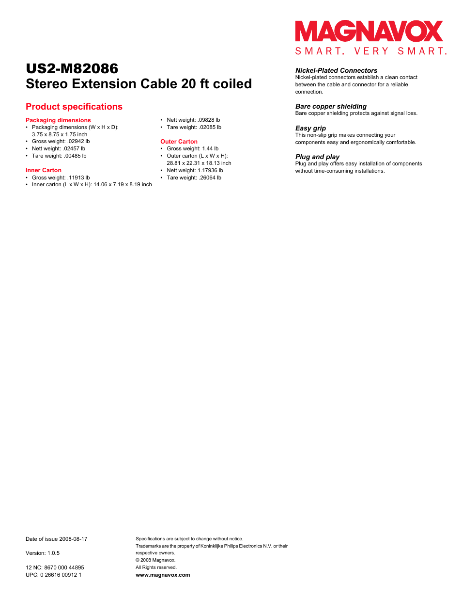 Stereo extension cable 20 ft coiled, Product specifications | Philips Magnavox US2-M82086 User Manual | Page 2 / 2