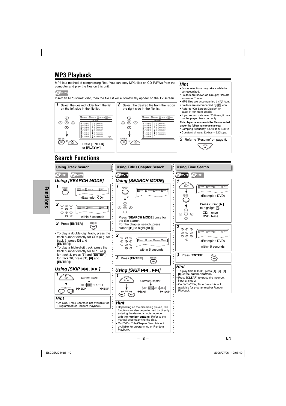 Search functions, Mp3 playback, Functions | Using [search mode, Using [search mode] 1 2, Using [skip h , g, Hint, Using time search, Using track search, Using title / chapter search | Philips Magnavox MWD200GA User Manual | Page 10 / 20