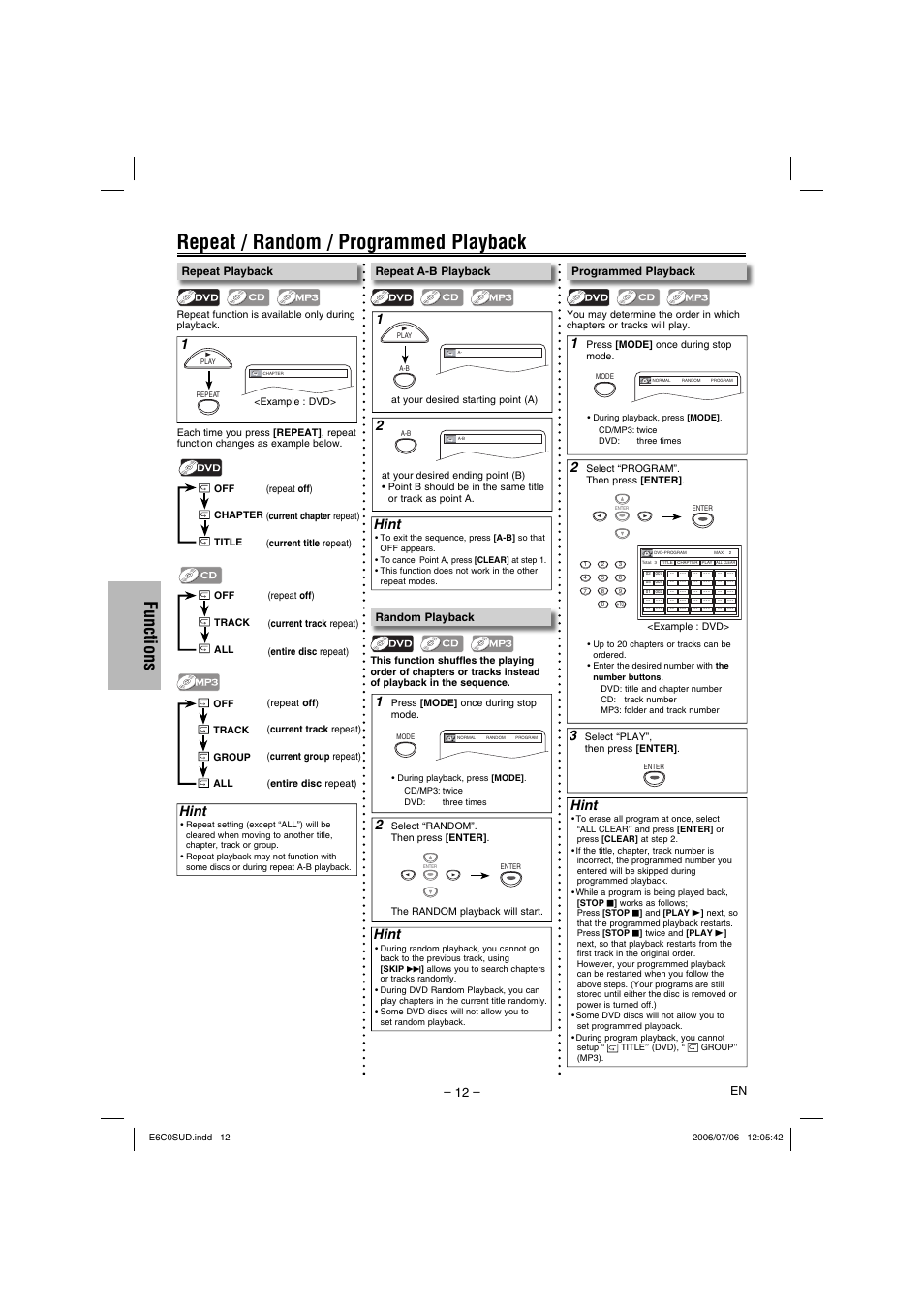 Repeat / random / programmed playback, Functions, Hint | Philips Magnavox MWD200GA User Manual | Page 12 / 20