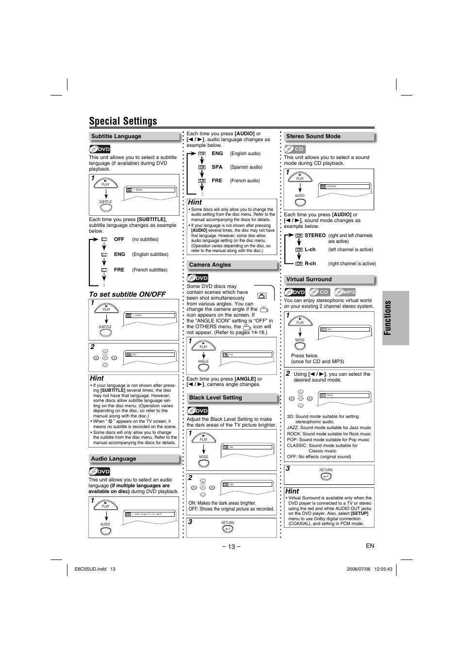 Special settings, Functions, Hint | Philips Magnavox MWD200GA User Manual | Page 13 / 20