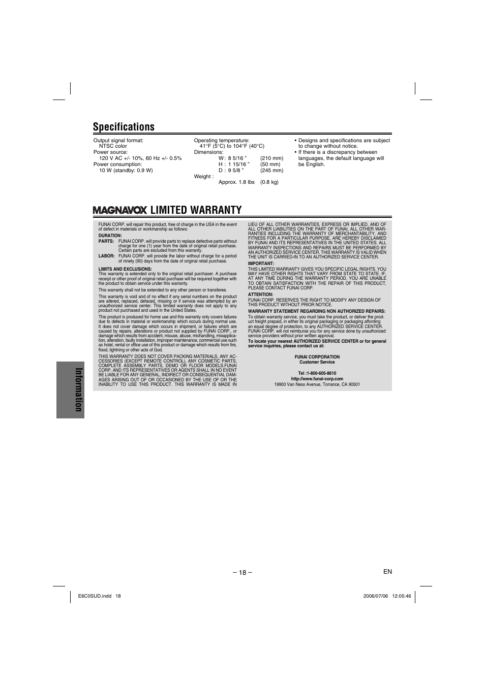 Specifications limited warranty, Information | Philips Magnavox MWD200GA User Manual | Page 18 / 20