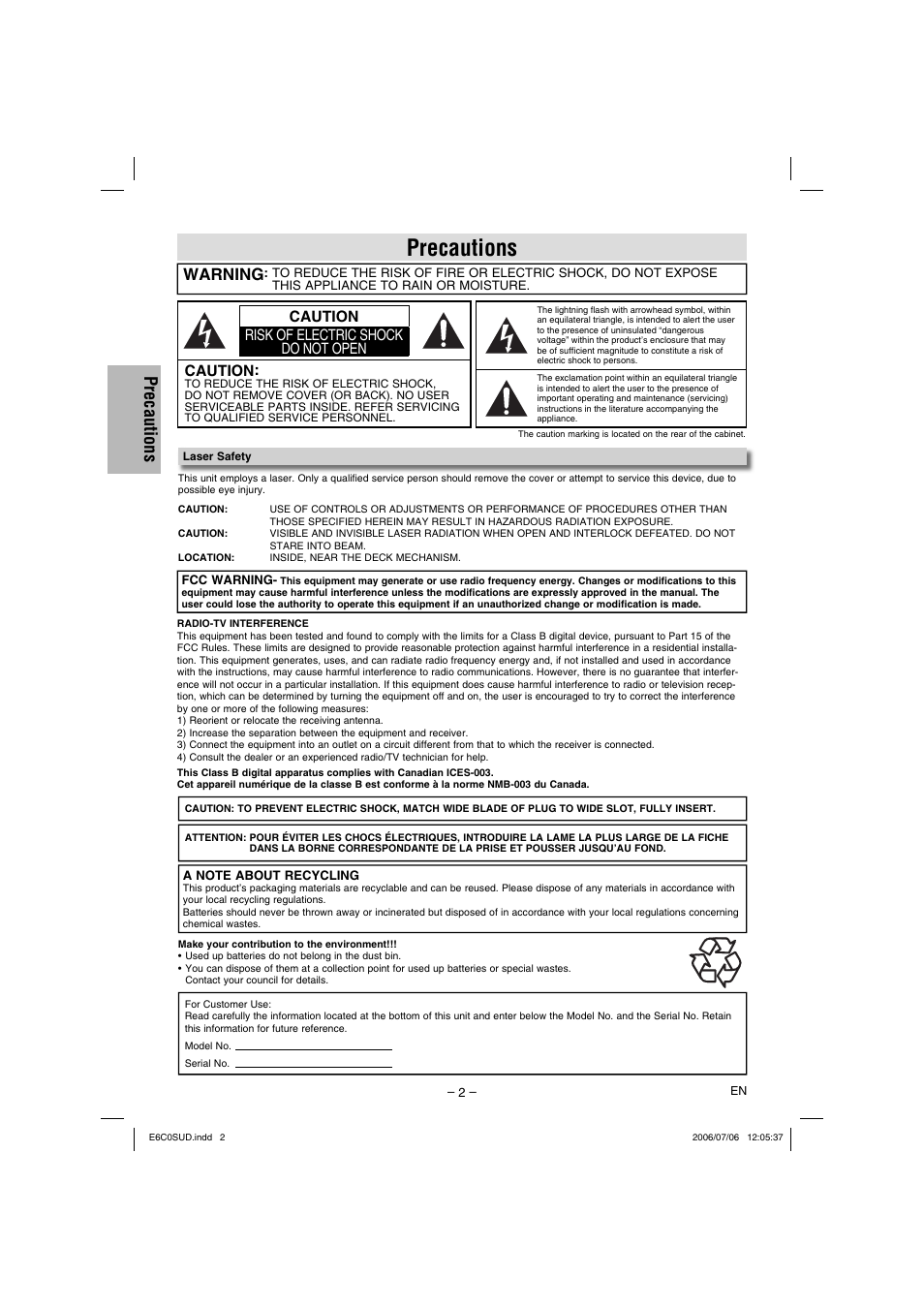 Precautions, Warning, Caution risk of electric shock do not open caution | Philips Magnavox MWD200GA User Manual | Page 2 / 20