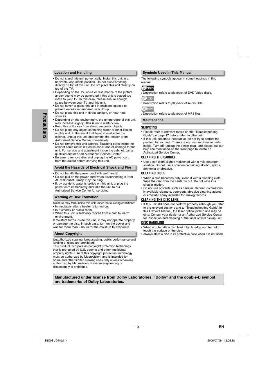 Precautions | Philips Magnavox MWD200GA User Manual | Page 4 / 20