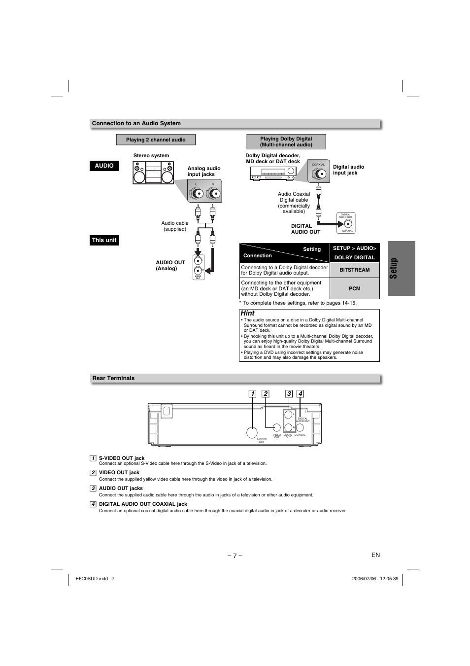 Setup, Hint | Philips Magnavox MWD200GA User Manual | Page 7 / 20