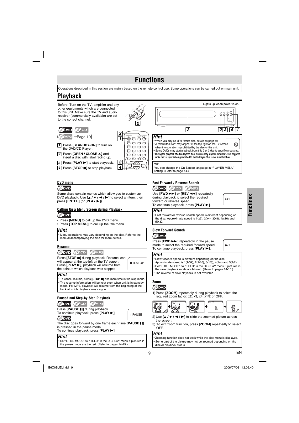 Playback, Functions, Hint | Philips Magnavox MWD200GA User Manual | Page 9 / 20