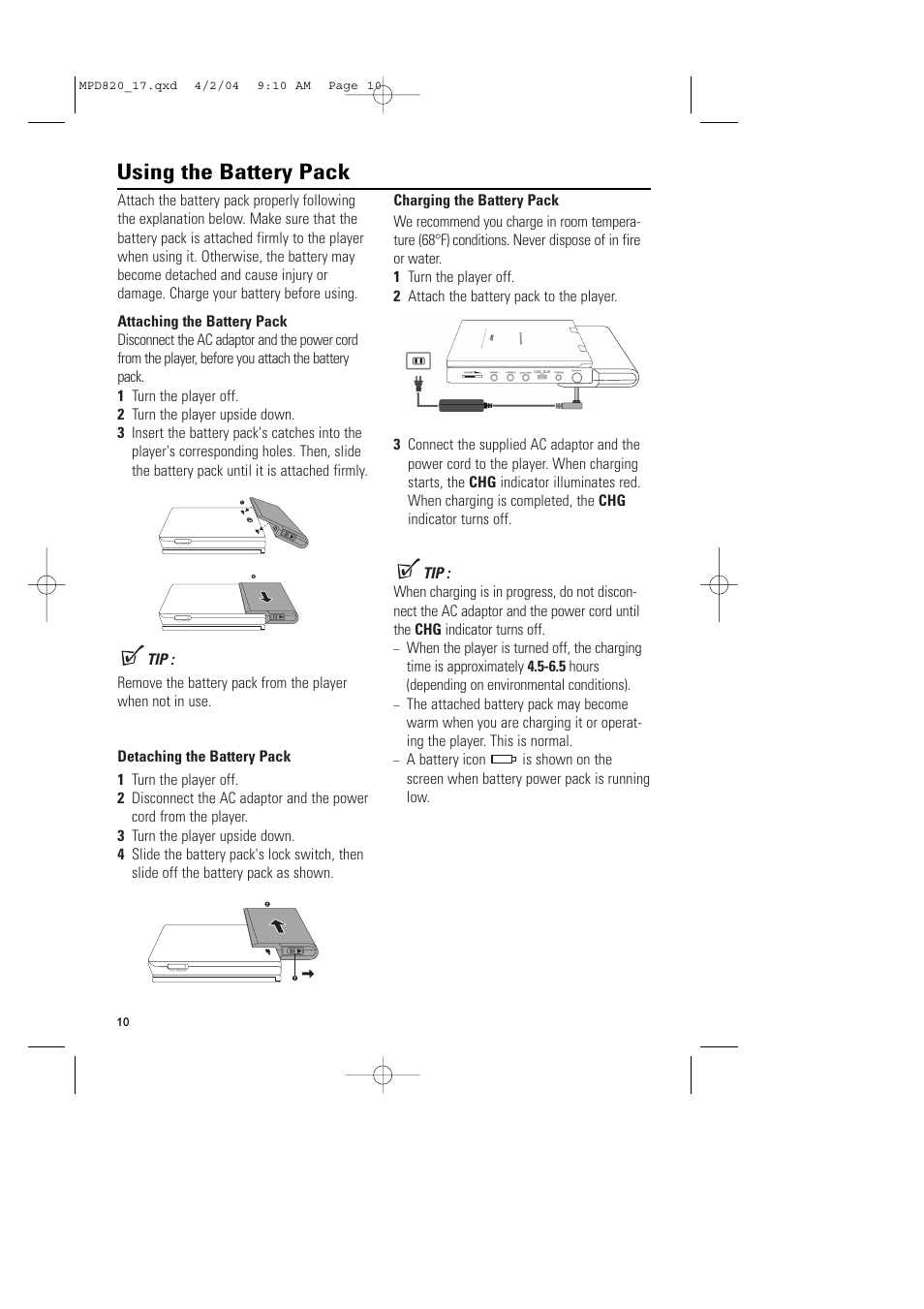 Using the battery pack | Philips Magnavox MPD820 User Manual | Page 10 / 42
