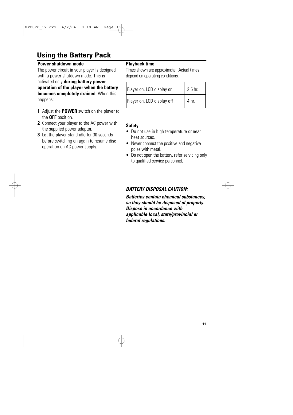 Using the battery pack | Philips Magnavox MPD820 User Manual | Page 11 / 42