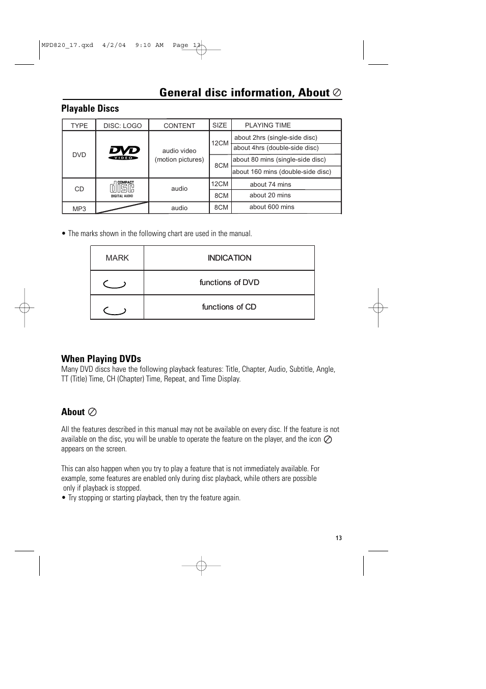 General disc information, about, Playable discs, When playing dvds | About | Philips Magnavox MPD820 User Manual | Page 13 / 42