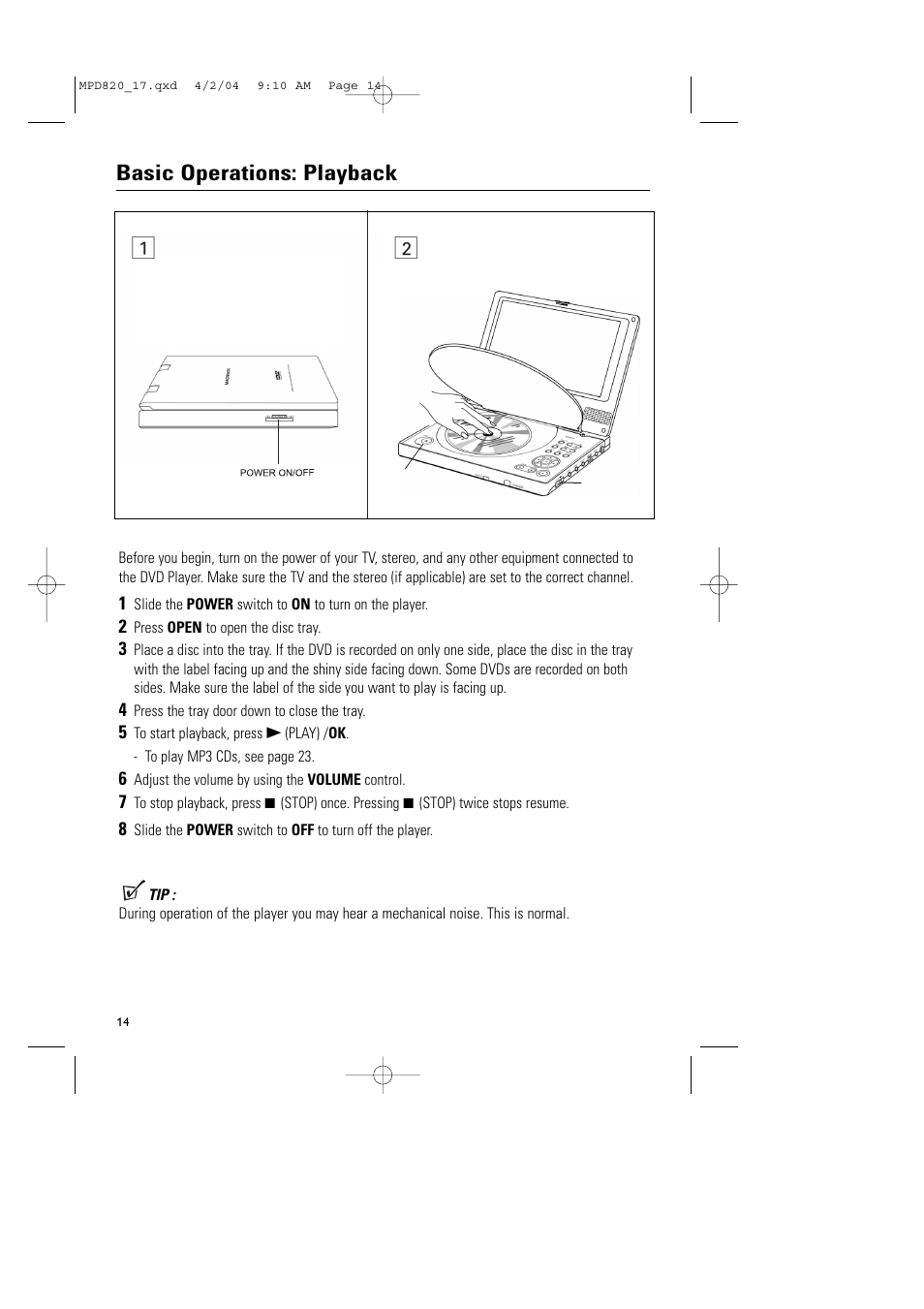 Basic operations: playback | Philips Magnavox MPD820 User Manual | Page 14 / 42