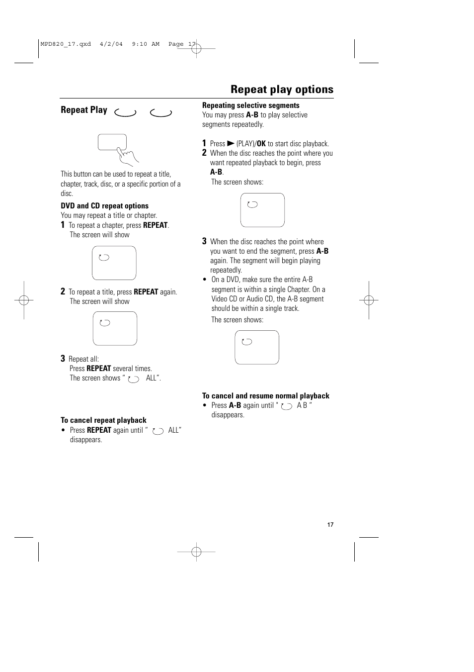 Repeat play options | Philips Magnavox MPD820 User Manual | Page 17 / 42