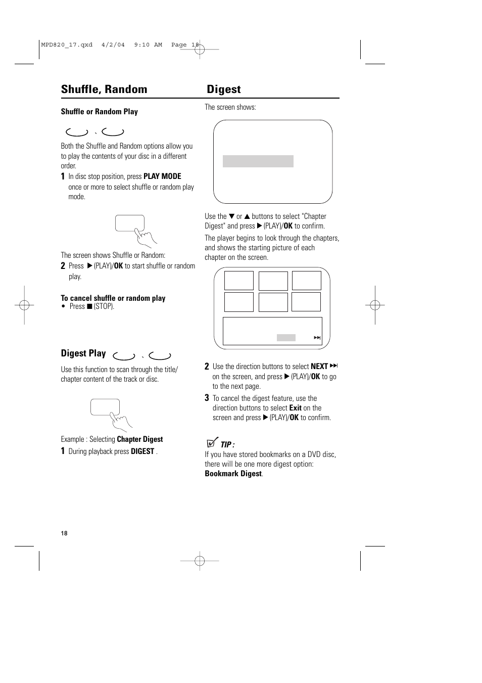 Shuffle, random digest | Philips Magnavox MPD820 User Manual | Page 18 / 42