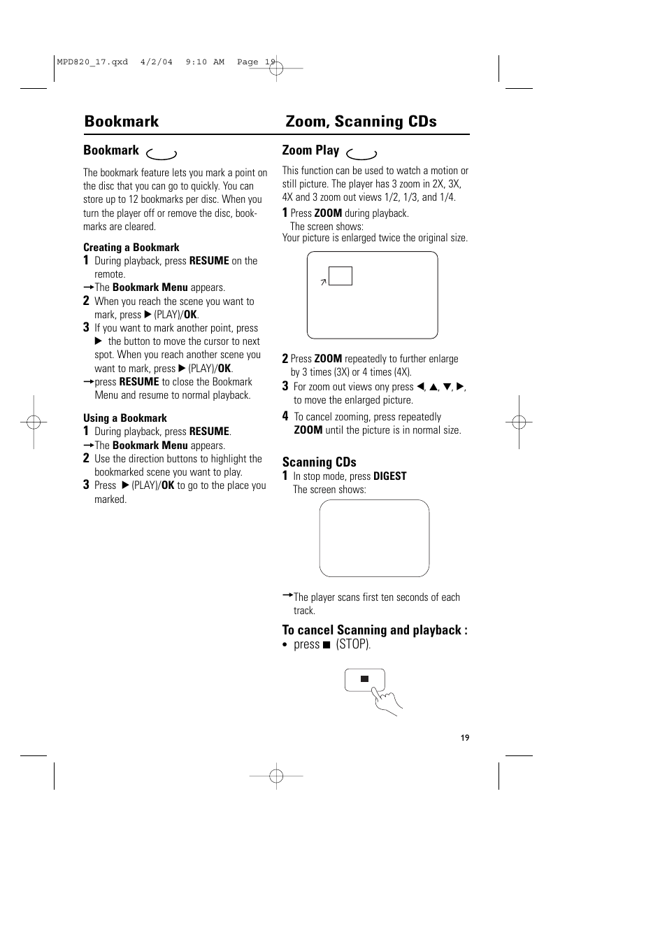 Bookmark zoom, scanning cds | Philips Magnavox MPD820 User Manual | Page 19 / 42