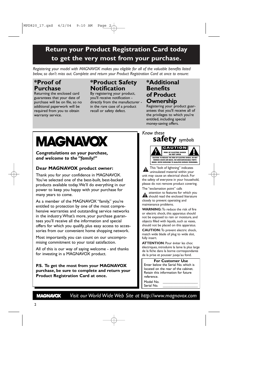 Safety, Proof of purchase, Product safety notification | Additional benefits of product ownership, Know these, Symbols | Philips Magnavox MPD820 User Manual | Page 2 / 42