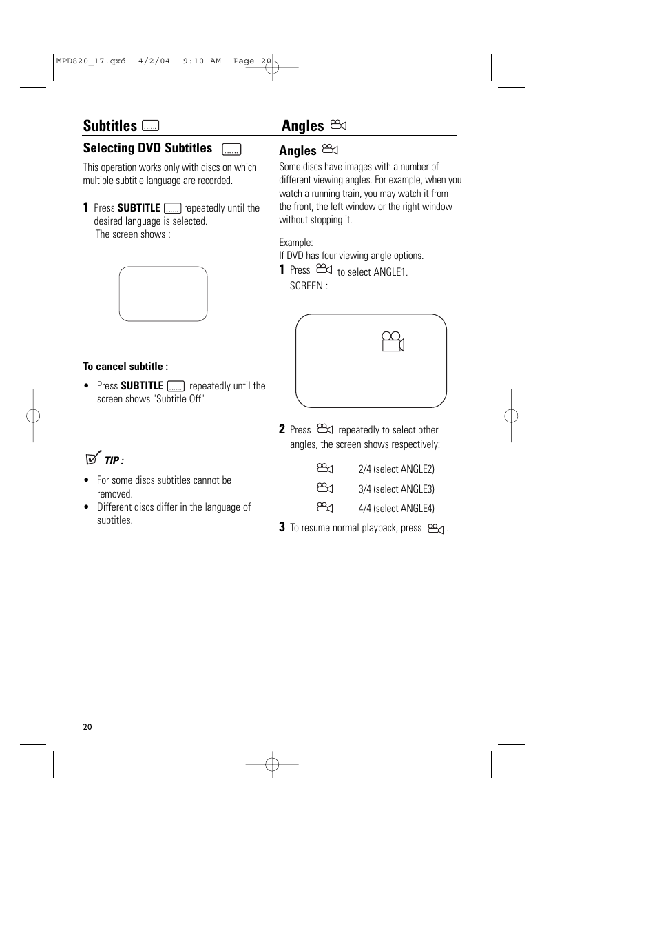 Subtitles angles | Philips Magnavox MPD820 User Manual | Page 20 / 42