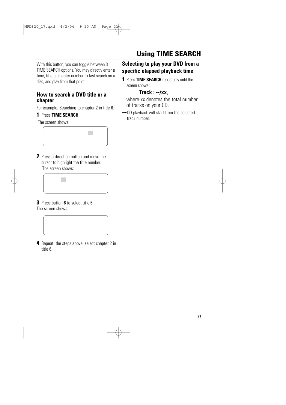 Using time search | Philips Magnavox MPD820 User Manual | Page 21 / 42