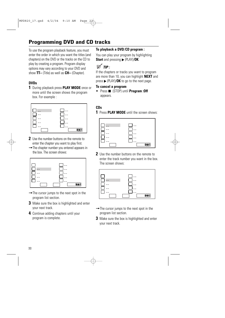 Programming dvd and cd tracks | Philips Magnavox MPD820 User Manual | Page 22 / 42
