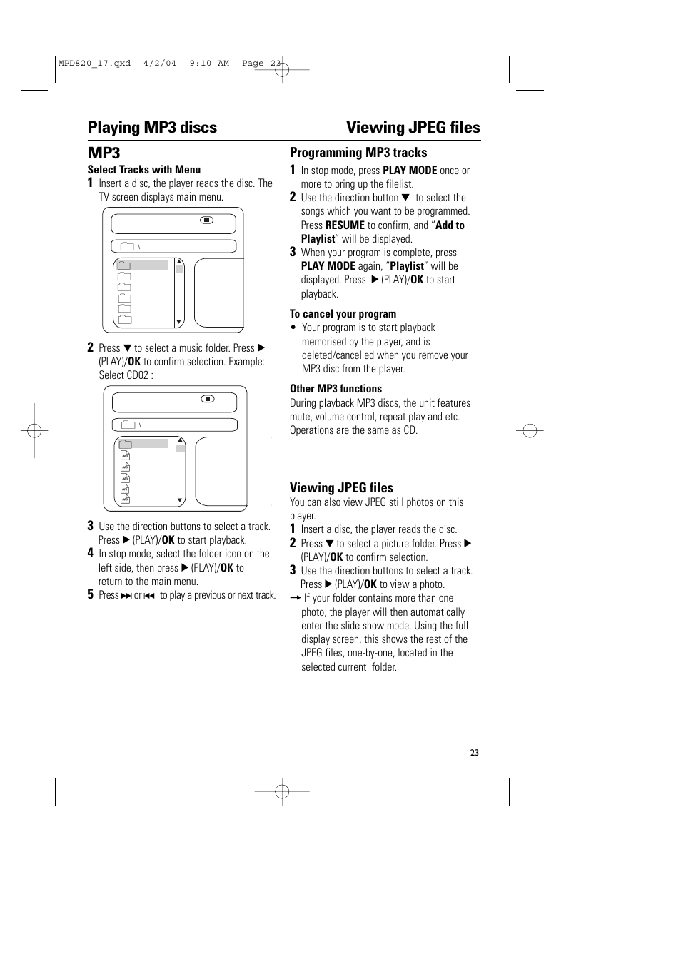 Playing mp3 discs viewing jpeg files, Programming mp3 tracks 1, Viewing jpeg files | Philips Magnavox MPD820 User Manual | Page 23 / 42