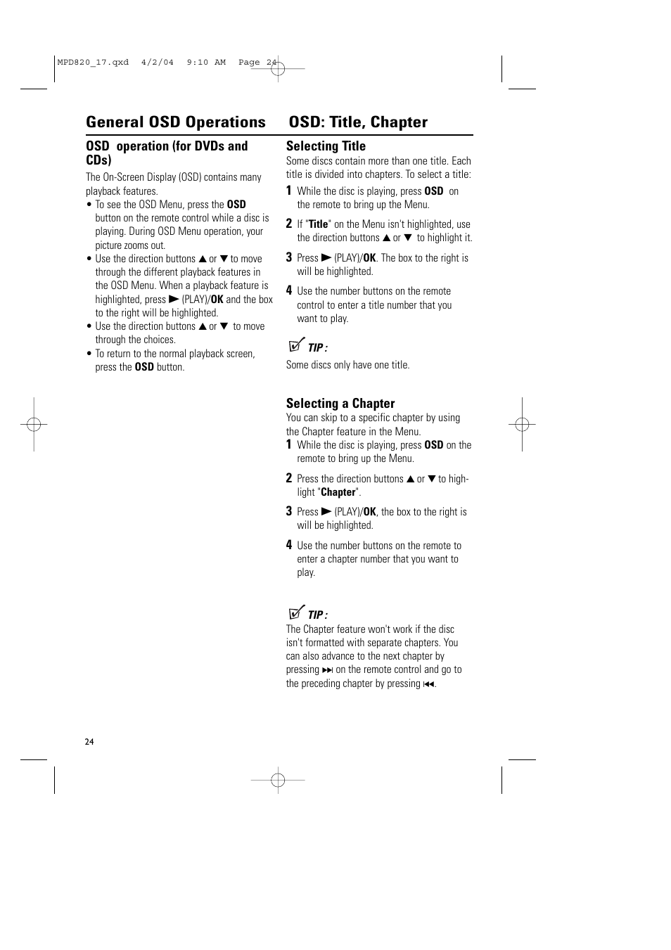 General osd operations osd: title, chapter | Philips Magnavox MPD820 User Manual | Page 24 / 42