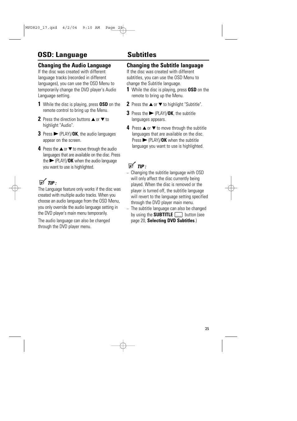 Osd: language subtitles | Philips Magnavox MPD820 User Manual | Page 25 / 42