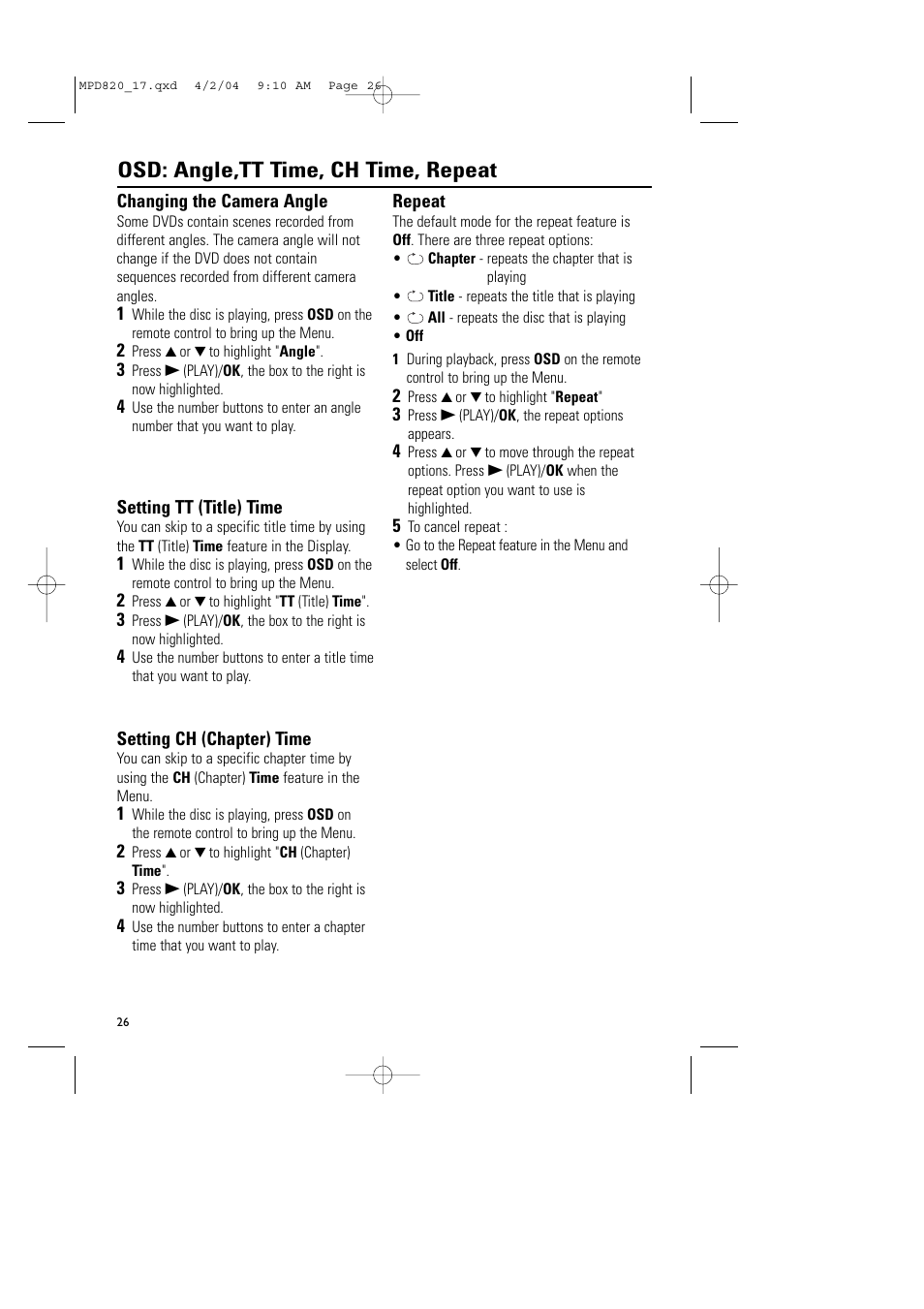 Osd: angle,tt time, ch time, repeat | Philips Magnavox MPD820 User Manual | Page 26 / 42