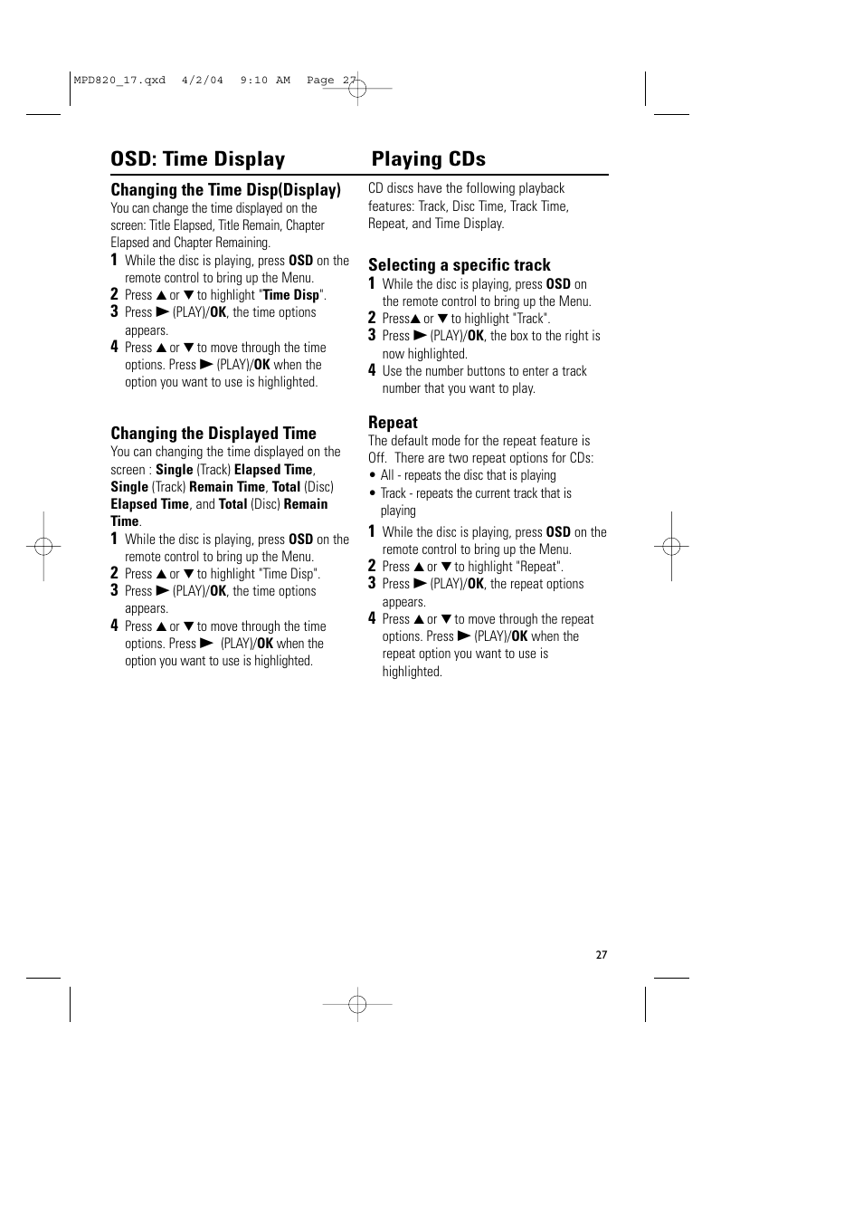 Osd: time display playing cds | Philips Magnavox MPD820 User Manual | Page 27 / 42