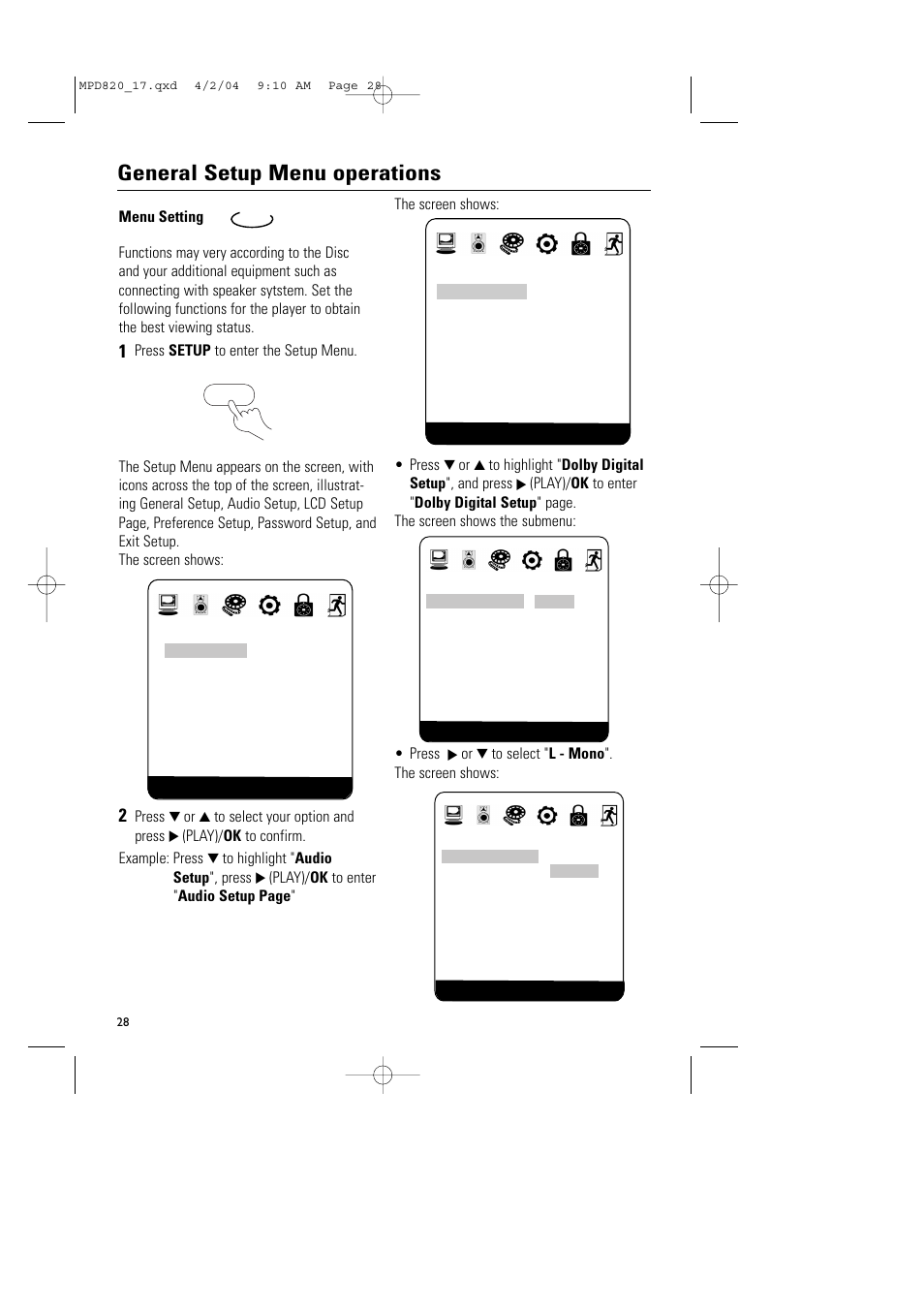 General setup menu operations | Philips Magnavox MPD820 User Manual | Page 28 / 42