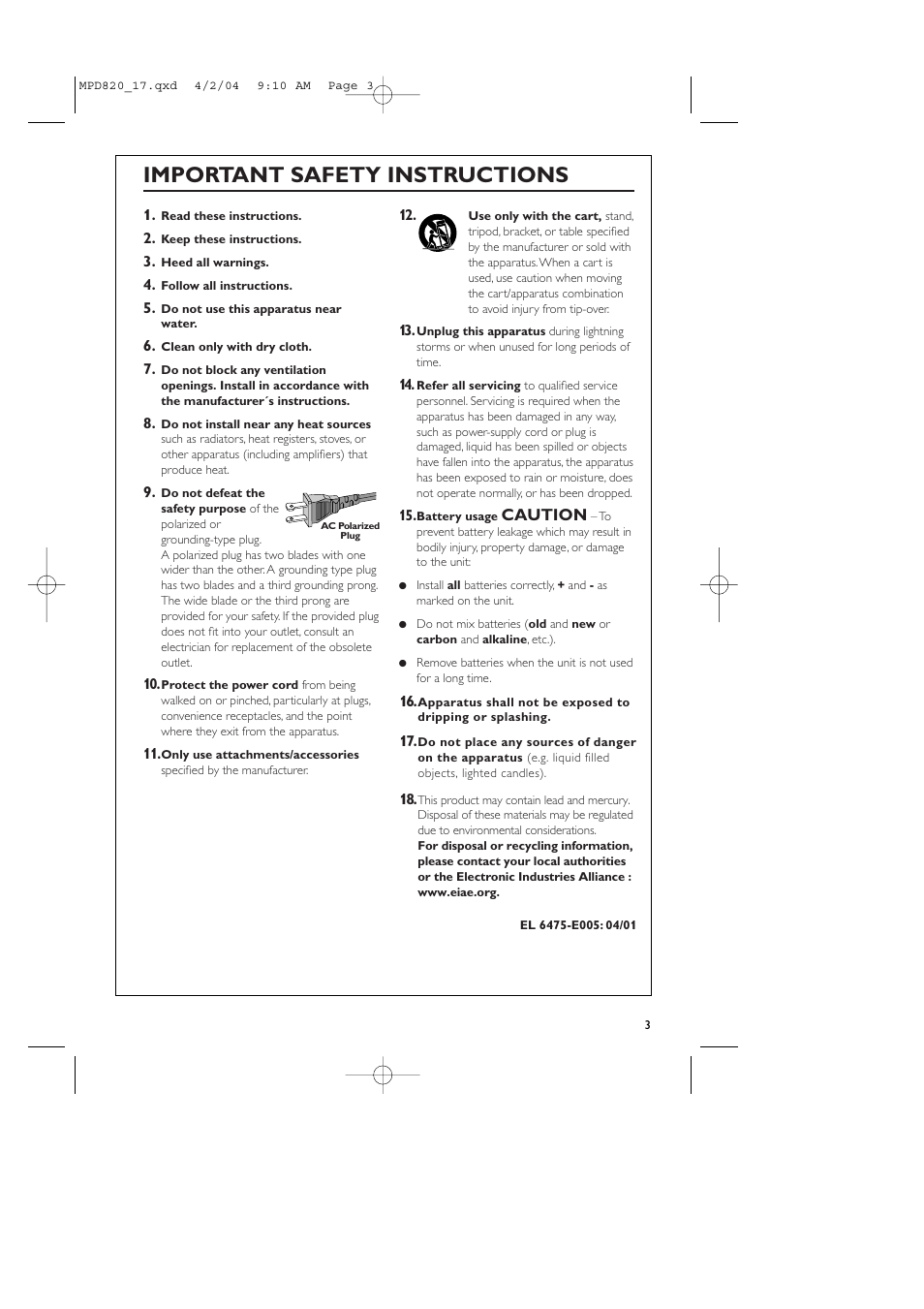 Important safety instructions, Caution | Philips Magnavox MPD820 User Manual | Page 3 / 42