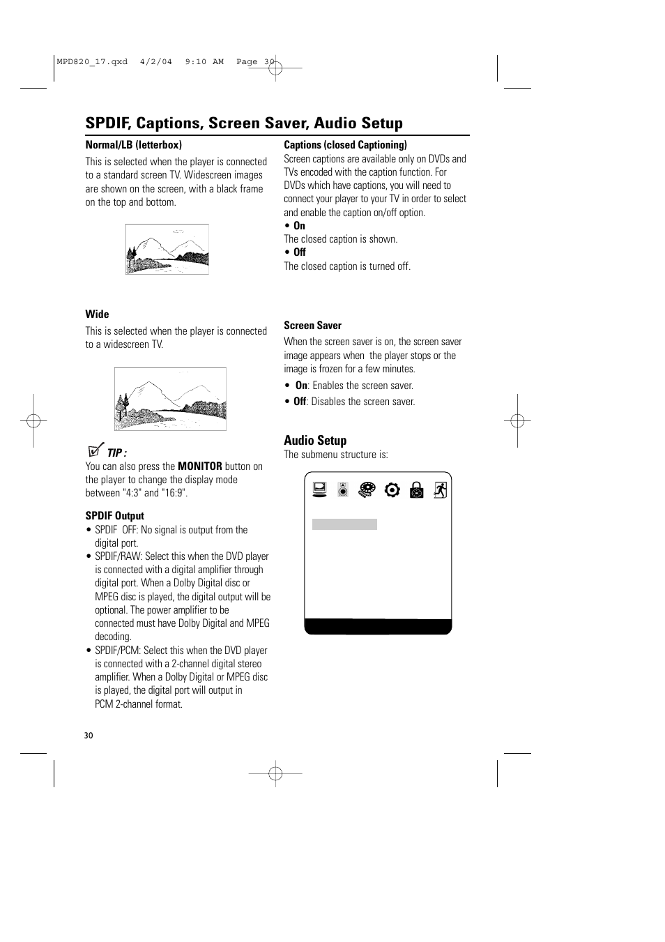 Spdif, captions, screen saver, audio setup, Audio setup | Philips Magnavox MPD820 User Manual | Page 30 / 42