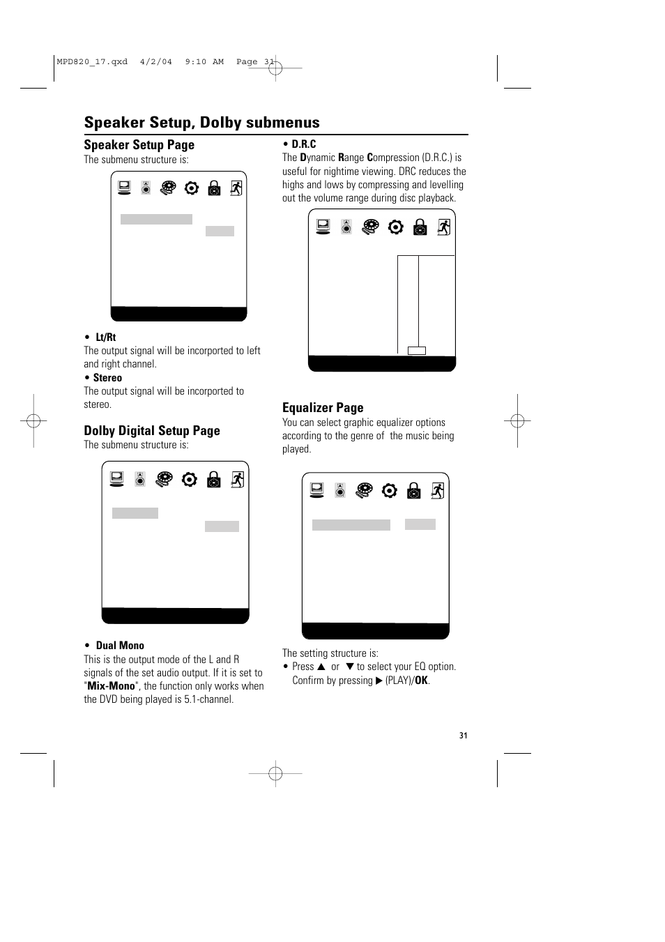 Speaker setup, dolby submenus, Speaker setup page, Dolby digital setup page | Equalizer page | Philips Magnavox MPD820 User Manual | Page 31 / 42